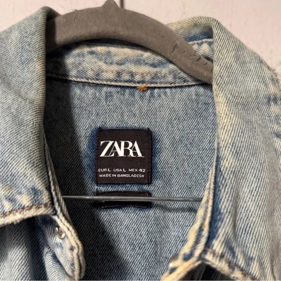 Zara men's light blue distressed denim western-style overshirt size Large - Picture 2 of 4